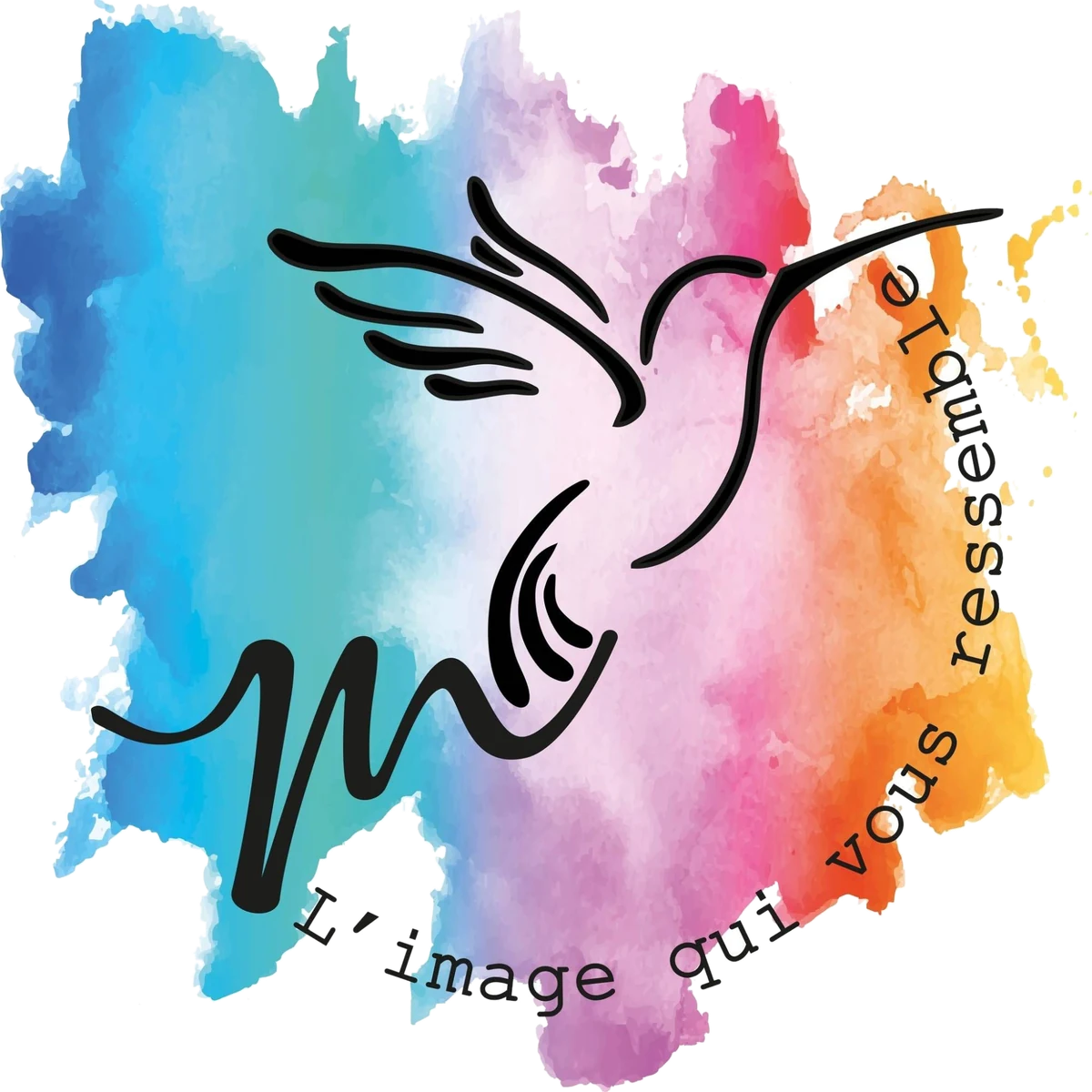 Logo Grafycom : un colibri tracé à l'encre sur une aquarelle multicolore