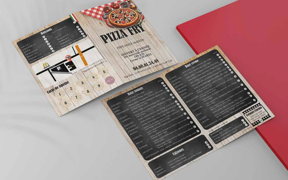 Menu de la pizzeria Pizza Fry ouvert à plat, carte des pizzas et carte des boissons sur fond ardoise