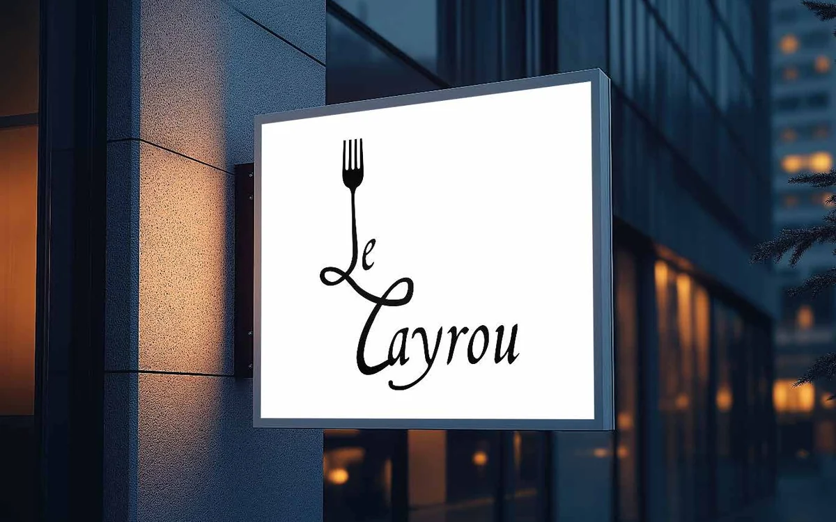 Enseigne lumineuse du restaurant Le Cayrou, allumée sur une façade à la tombée du jour