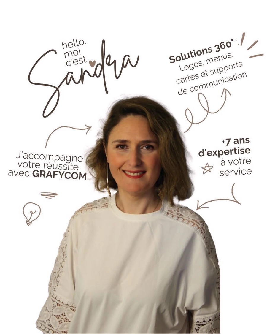 Sandra, fondatrice de Grafycom, en portrait. Mentions manuscrites autour d'elle&nbsp;: «&nbsp;hello, moi c'est Sandra&nbsp;», «&nbsp;j'accompagne votre réussite avec Grafycom&nbsp;», «&nbsp;solutions 360° : logos, menus, cartes et supports de communication&nbsp;», «&nbsp;+7 ans d'expertise à votre service&nbsp;»
